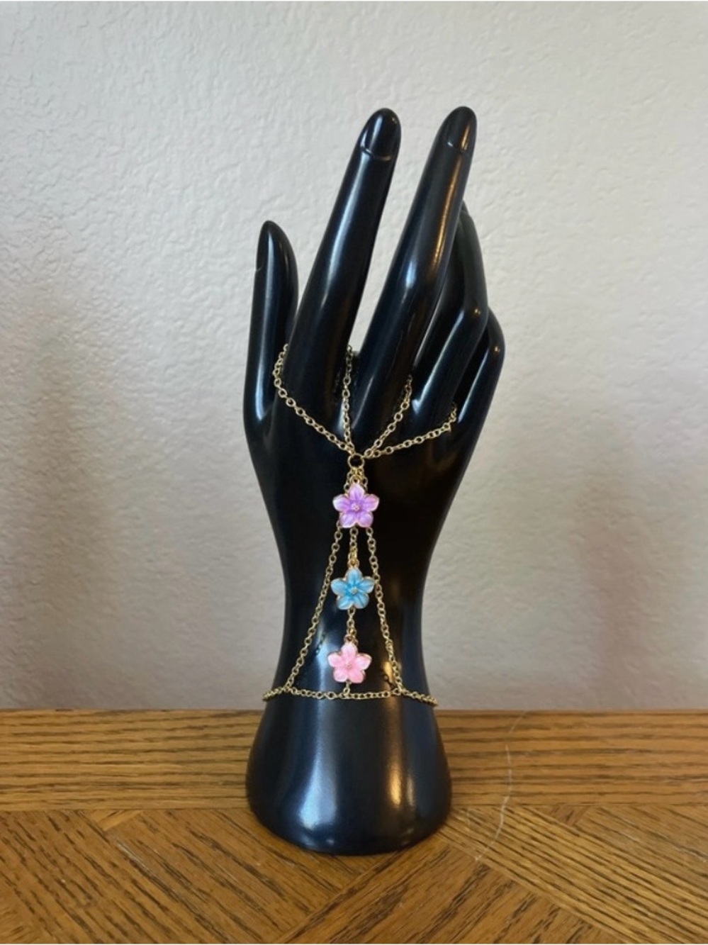 Gold-Tone Two-Ring Floral Hand Chain